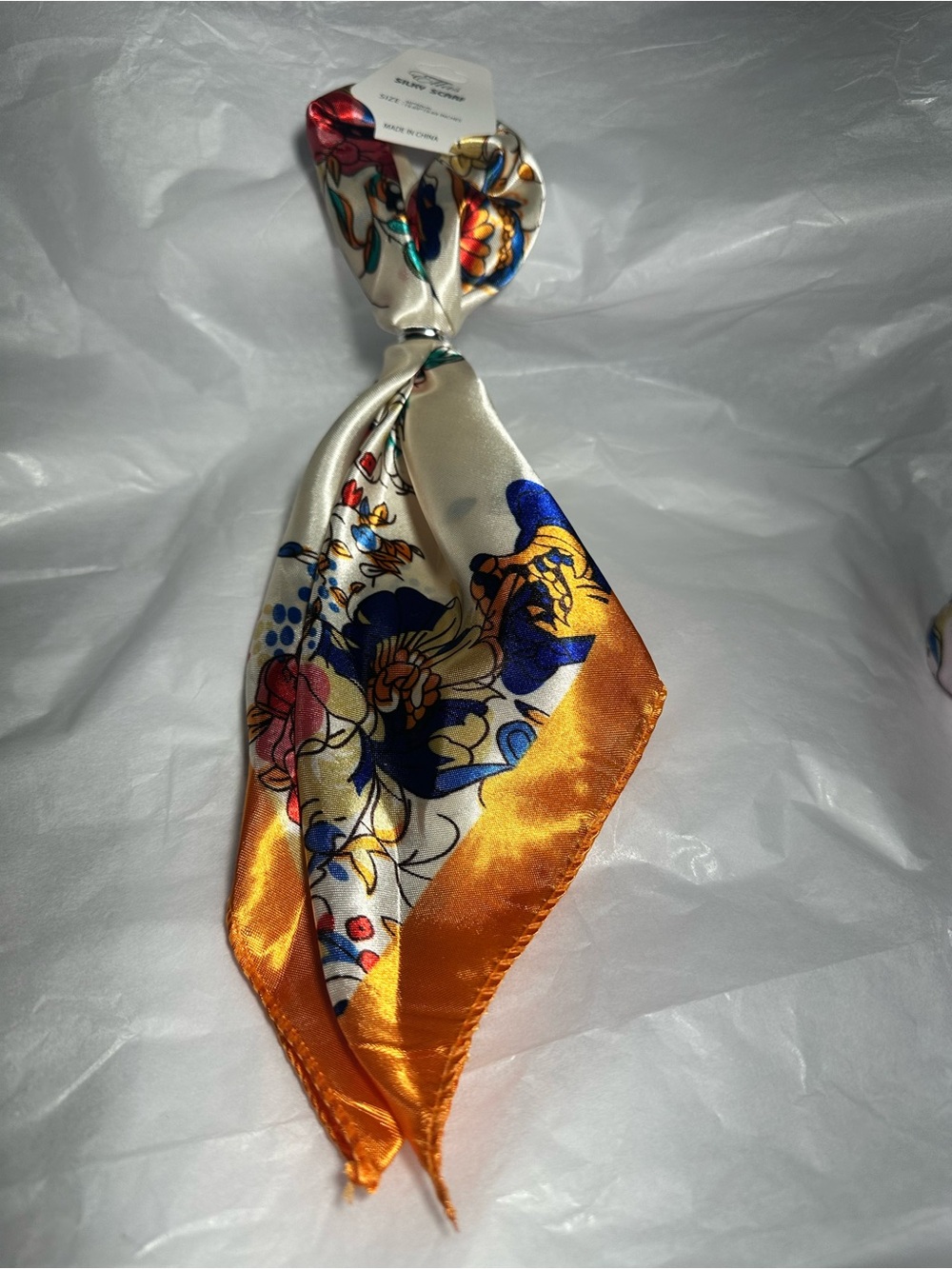 Silk-Feel Floral Scarf in Ivory and Orange